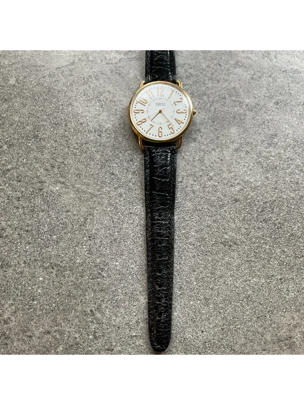 Vintage Guess Unisex Watch 40mm Gold Tone Case White Dial Black Leather Band A5